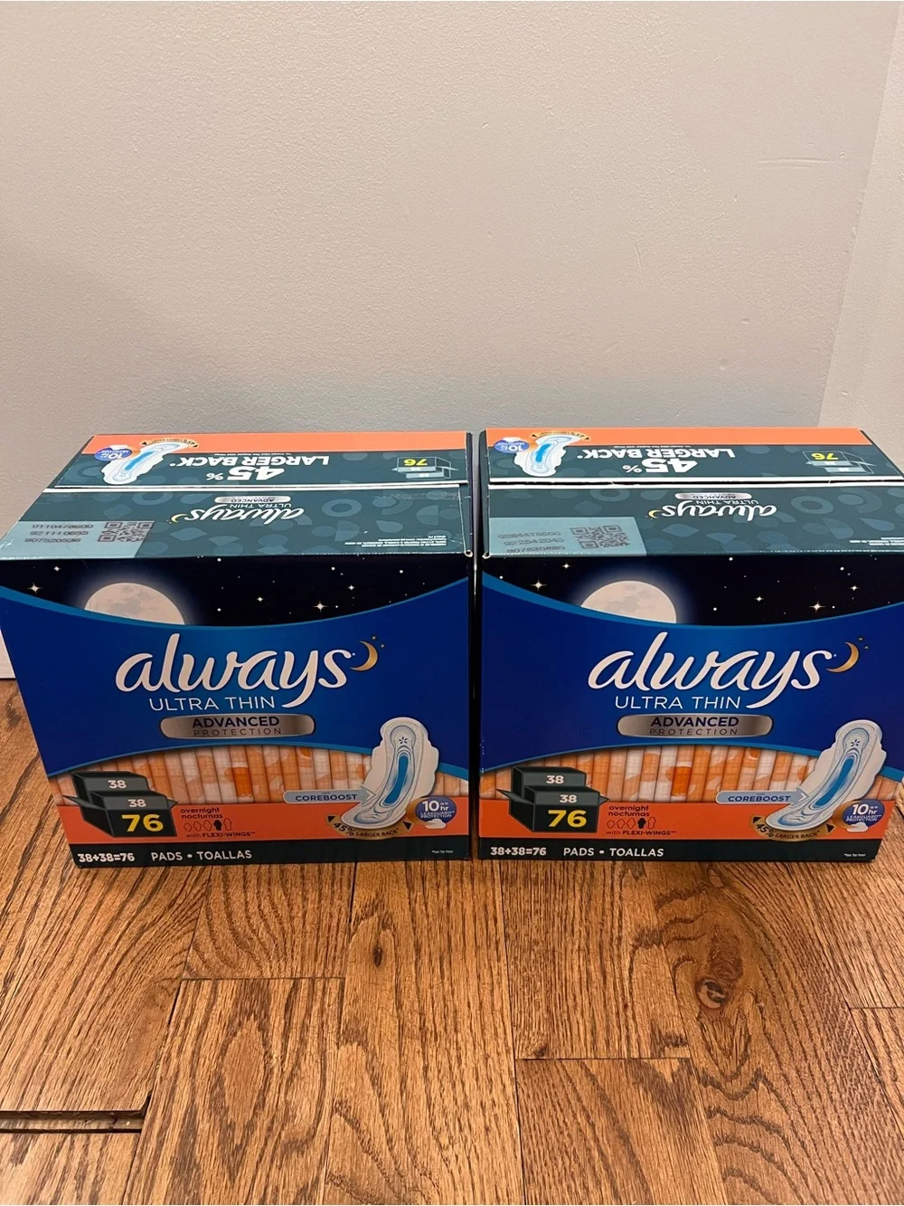 Always Ultra Thin Overnight Pads Bundle 2 Pack 76 Count Each New Sealed